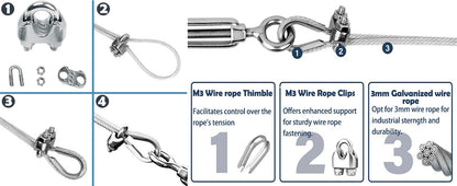 3mm stainless steel wire rope for climbing support, rust-free rope suitable for hanging lamps. Comes with M5 turnbuckles and wire rope thimbles. Length: 30m.