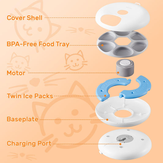 Automatic cat feeder for wet food, 6 meals cat feeder with 2 ice packs, programmable timer, rechargeable cordless automatic pet feeder.