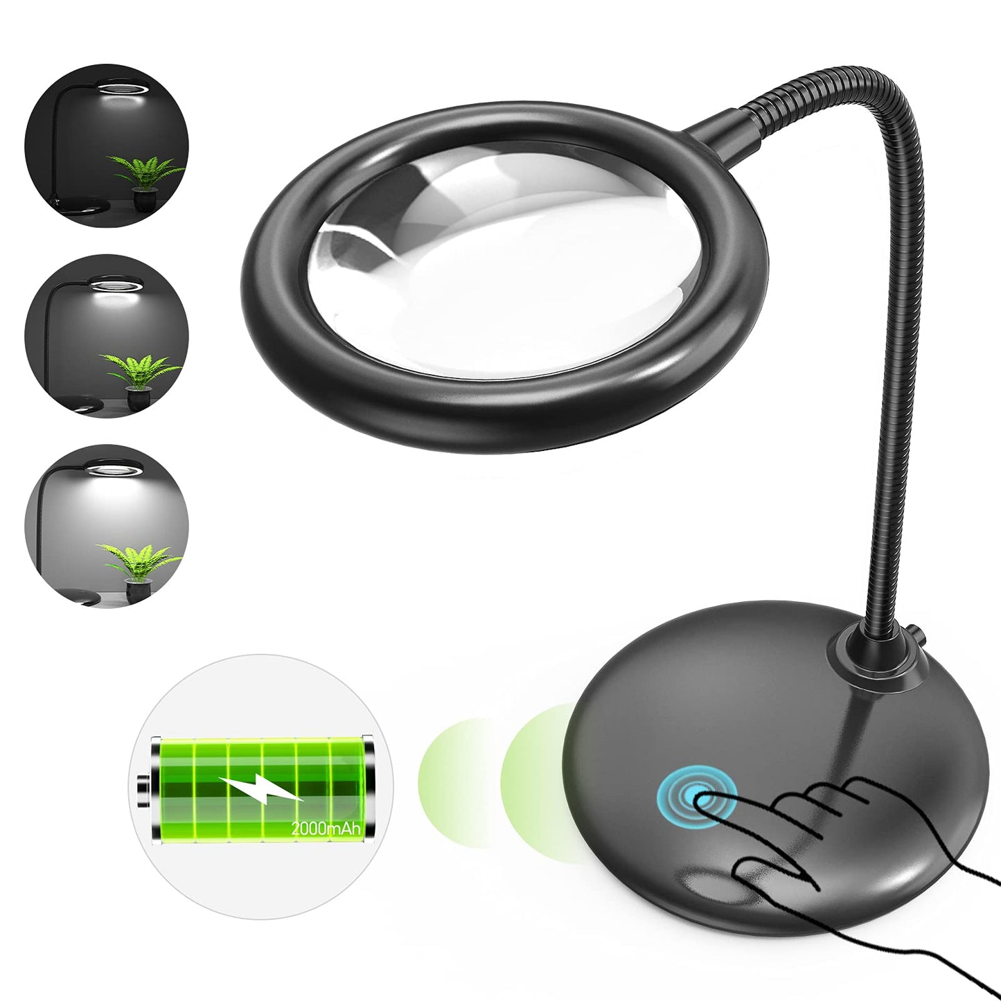 Raweao 5X magnifying glass with light and stand battery, rechargeable LED magnifying lamp, LED magnifying lamp with base, desk lamp with magnifying glass for reading, sewing, jewelers, model building (black)