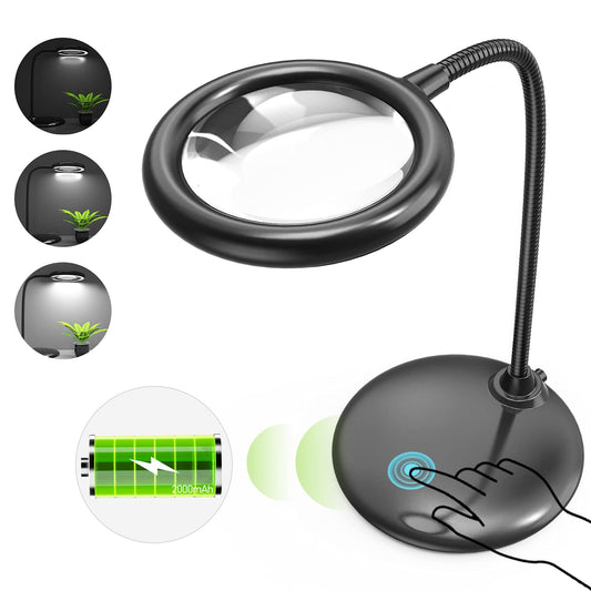Raweao 5X magnifying glass with light and stand battery, rechargeable LED magnifying lamp, LED magnifying lamp with base, desk lamp with magnifying glass for reading, sewing, jewelers, model building (black)