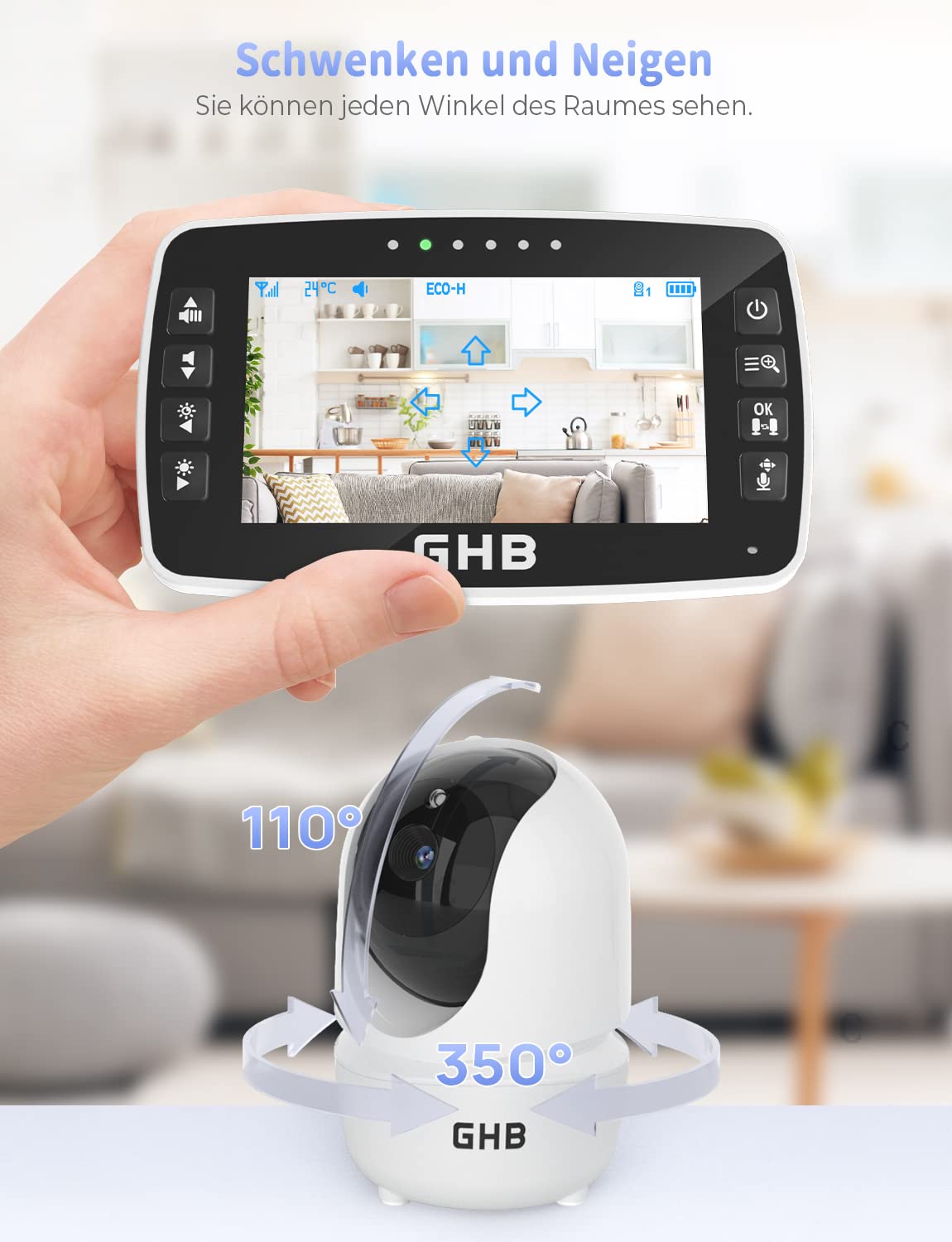 GHB Baby Monitor with Camera 4.3 Inch Baby Monitor 350° Rotation Night Vision Video Camera with 2 Cameras ECO Mode Baby Camera LCD Screen, 720p