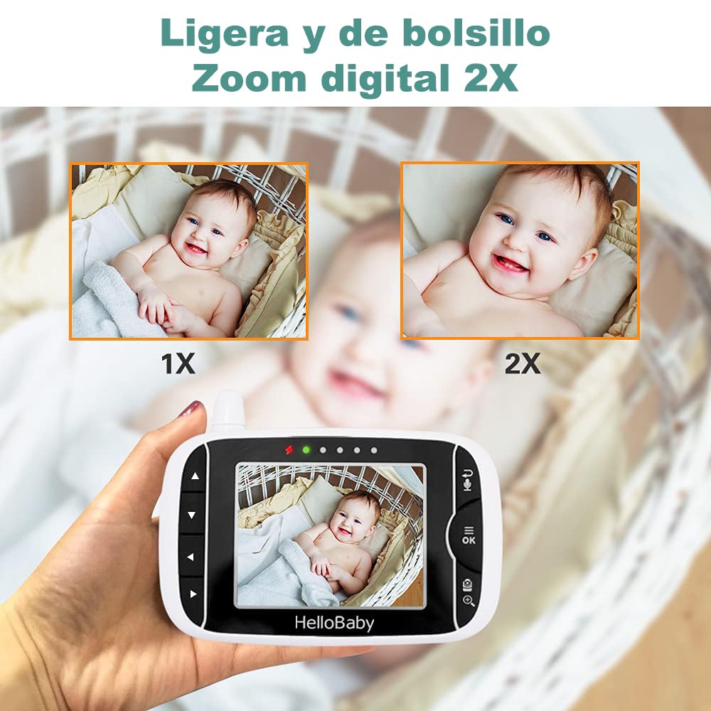 HelloBaby Baby Monitor with Camera, 3.2 inch screen, 355° Pan-120° Tilt-Zoom, Baby monitor without WiFi, 2-way audio, temperature, 8 lullabies, night vision, temperature sensor (Black/White)