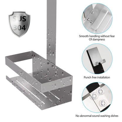 NEOVSUNY Hanging Shower Caddy, No Drilling Shower Shelf, Hanging Shower Basket Stainless Steel SUS304 for Frameless Glass Door, Bathroom Organizer Shampoo Holder for Shower, with 2 Movable Hooks, Silver