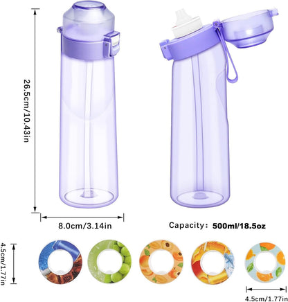 Air-water bottle, BPA-free, 650 ml, fruit-scented, water bottle with 5 flavors, leak-proof, sports water cup with straw, violet.