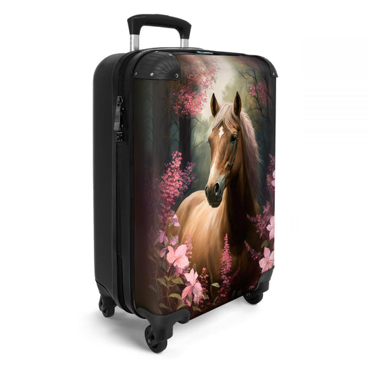 NoBoringSuitcases.com® Kids suitcase for girls travel luggage with wheels carry-on luggage horse - Pink flowers - Nature - Forest - 55x35x20cm