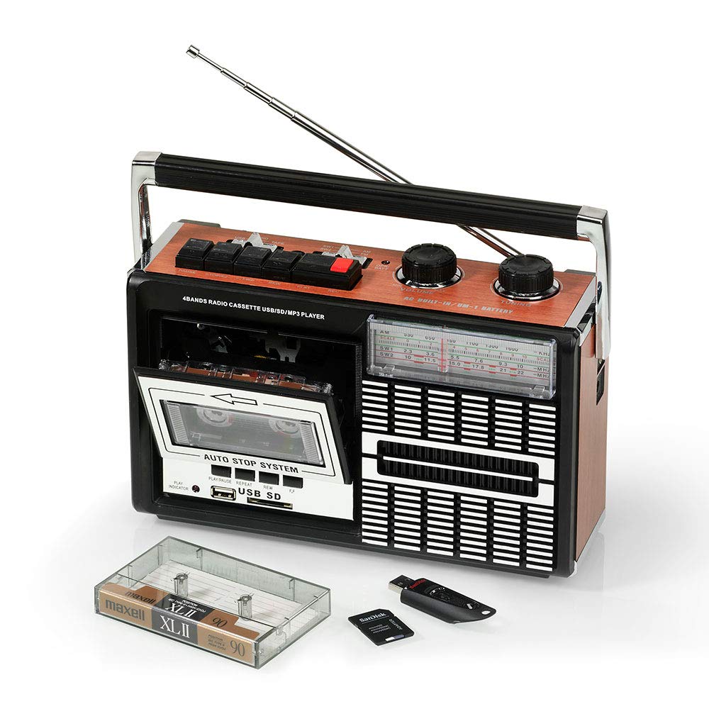 Ricatech PR85-80s cassette recorder, AM/FM/SW radio, USB, SD card slot, built-in microphone, auto stop, portable, 1x8 watt built-in speakers, headphone jack.