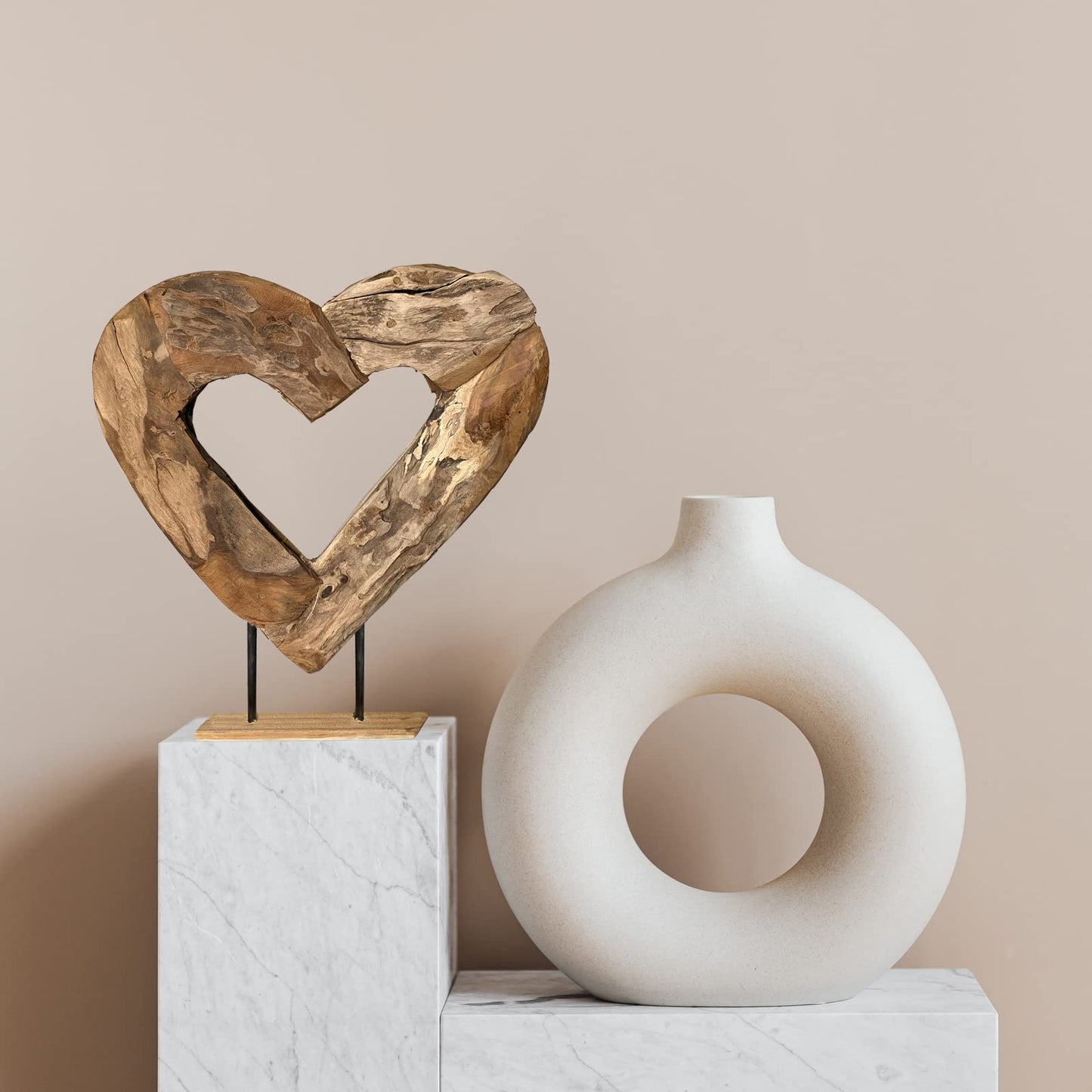 Teak wood heart unique sculpture on stand 47x37 cm high Solid wood Teak decorative heart 43300-017