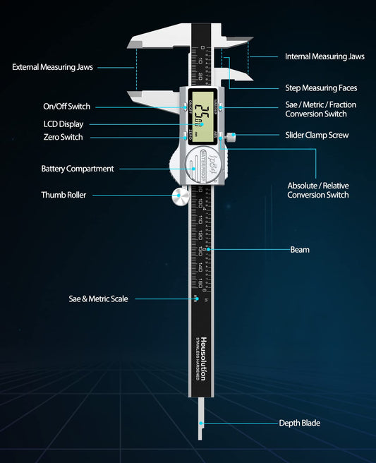 Housolution Digital Caliper, Electronic Vernier Caliper with ABS Function, 6-Inch IP54 Waterproof Slide Caliper with LCD Display & Spare Battery, with Feeler Gauge for Accurate Measurement, Silver+Black
