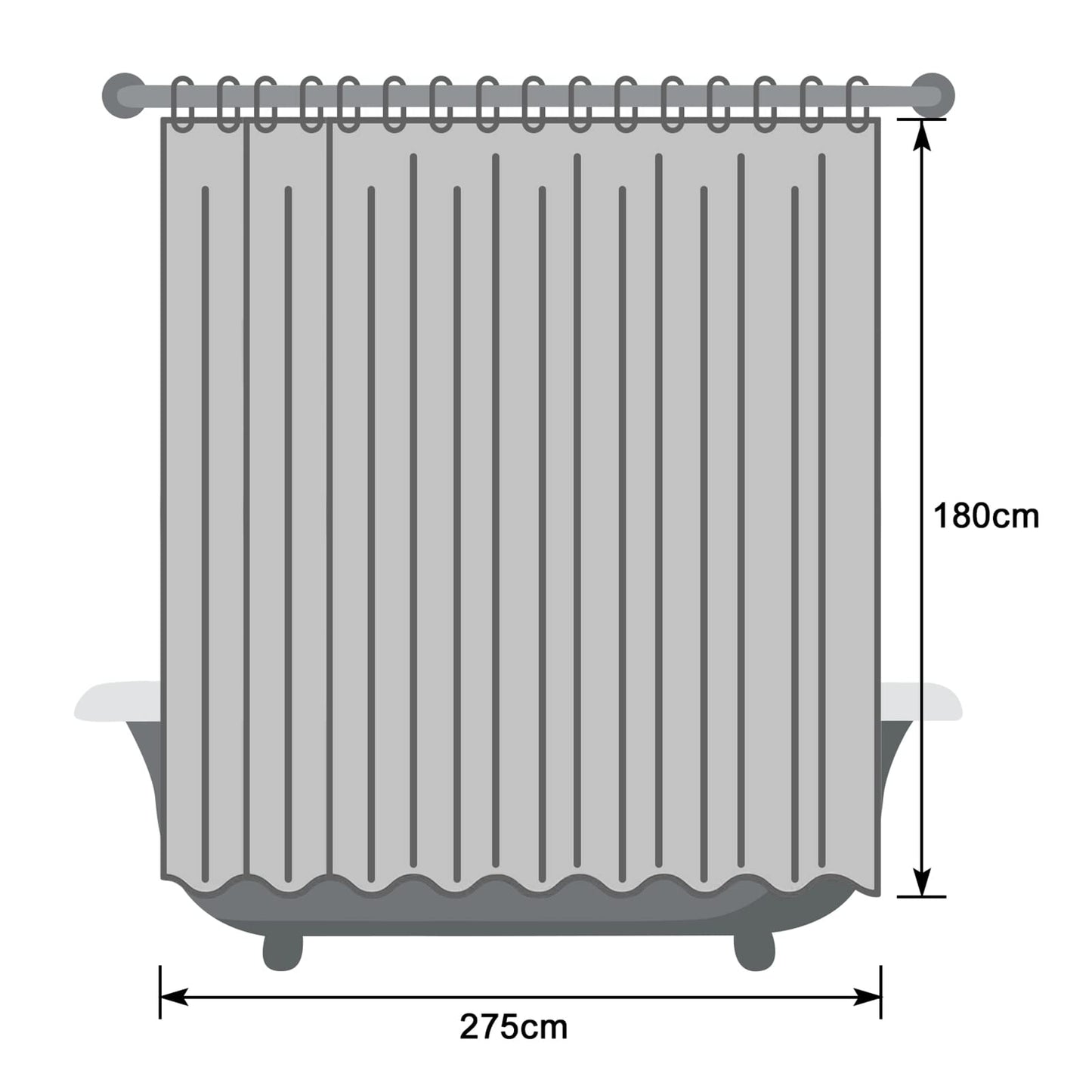 Extra wide white shower curtain 275 x 180 Textile polyester fabric shower curtains, waterproof washable anti-mold bath curtain with 18 rings