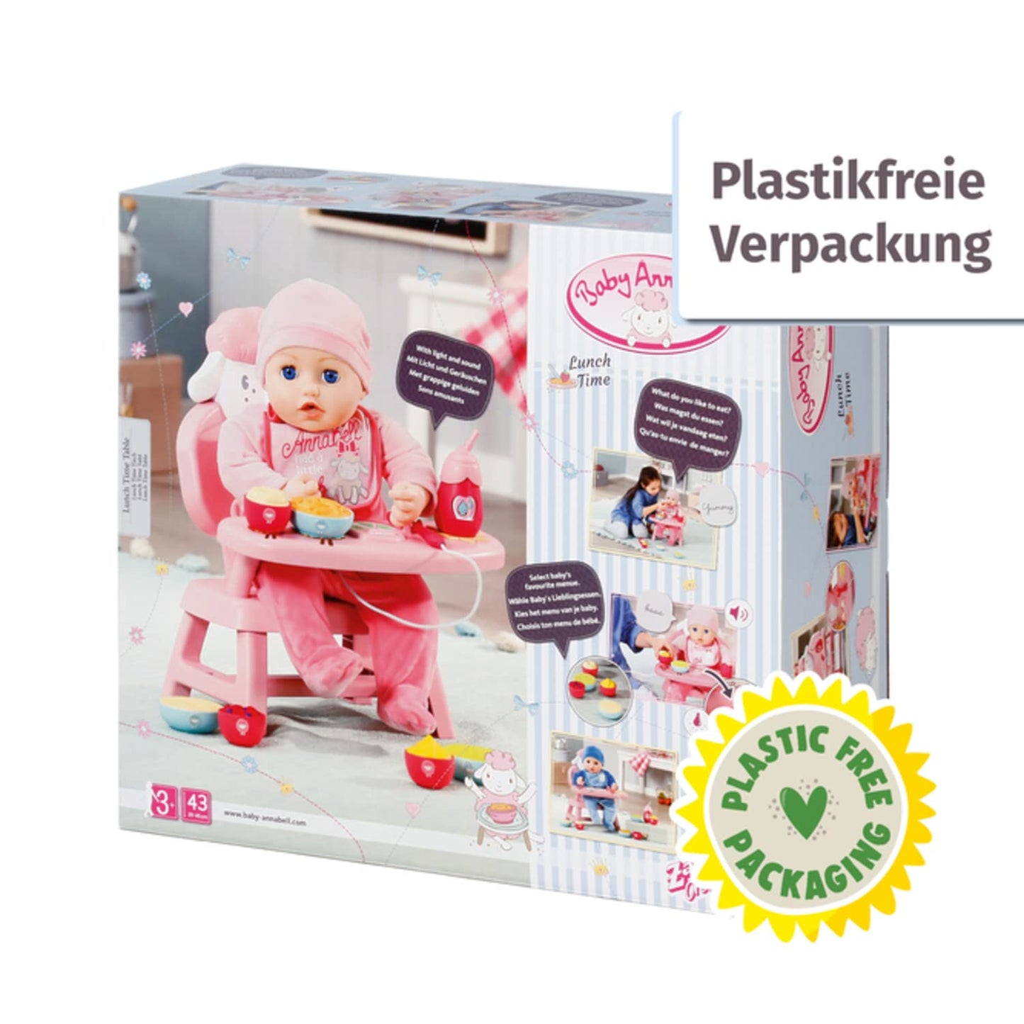 Baby Annabell Lunch Time Table, doll chair and table with light and sound effects, meals, bottle and spoon, for 36 and 43 cm dolls, 701911 Zapf Creation
