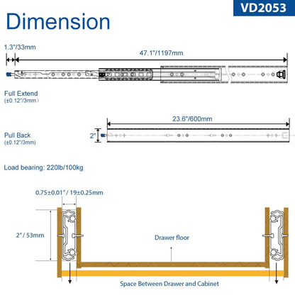 VADANIA drawer slides with lock 600mm, 98kg load capacity Heavy duty full extension ball bearing Side mount #VD2053, 1 Pair
