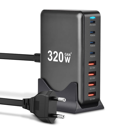 320W USB C charger multiple, 8 ports USB quick charger USB charging station with 5 USB-C and 3 USB-A Charger PD PPS 100W USB C power adapter for MacBook Pro/Air, iPad Pro/Air, Samsung