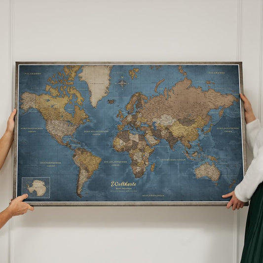 High-quality canvas world map with cork pinboard - German labeling - Decorative wall decoration for all rooms - Canvas prints with world map motif (90x60 cm, pattern 13)