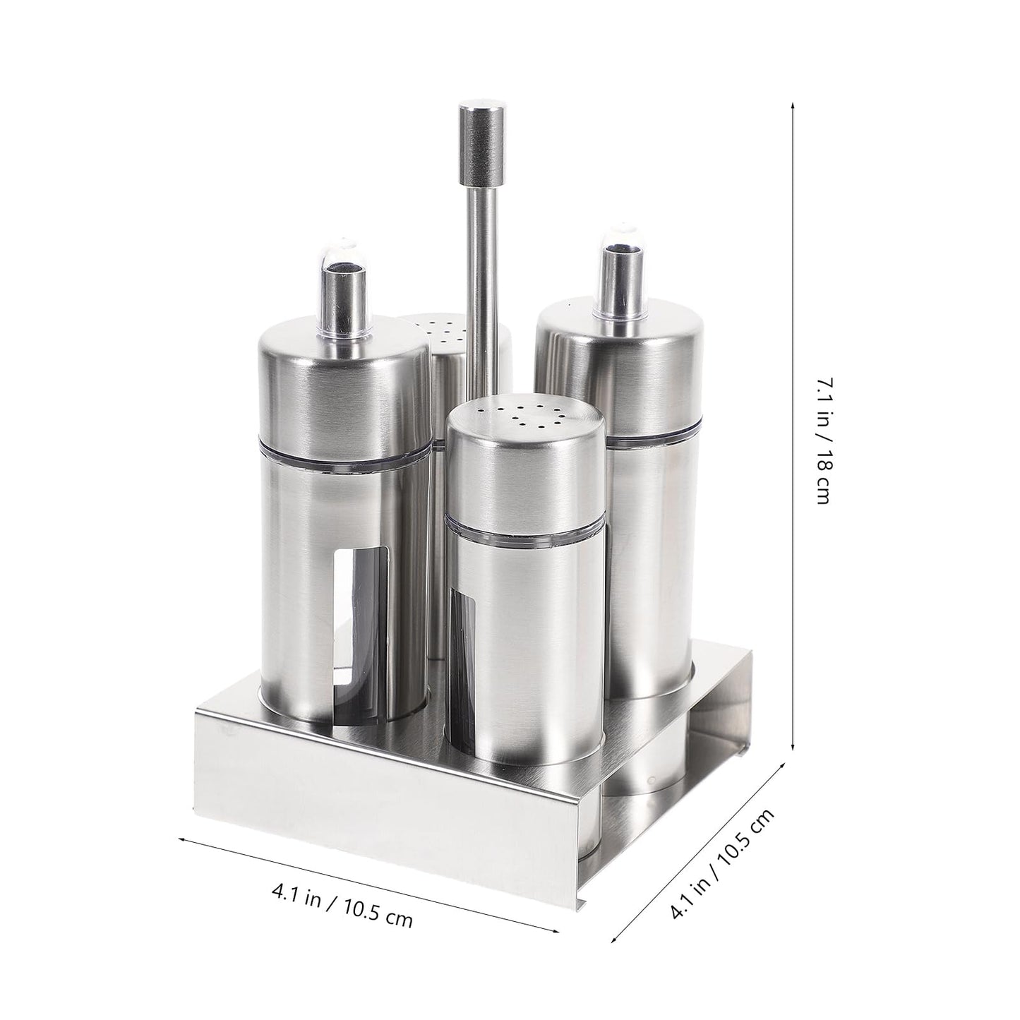 YARNOW Oil and Vinegar Salt Pepper Caddy Bottle Set Stainless Steel Spice Dispenser Salt Pepper Shaker Vinegar Bottle Caddy Removable with Base Stand for Kitchen Countertop