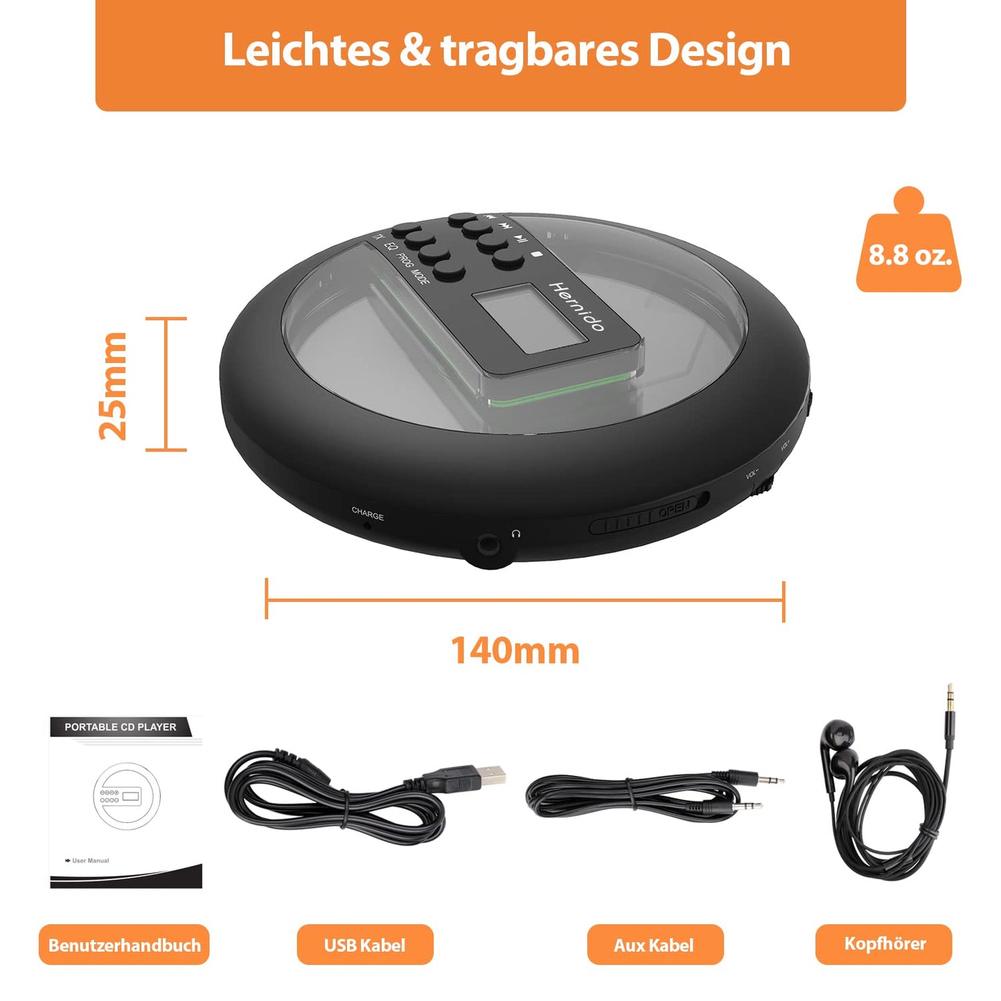 Hernido Portable CD Player for Car, compact CD player with FM transmitter, USB rechargeable Discman with headphones, shockproof/resume playback Walkman CD player
