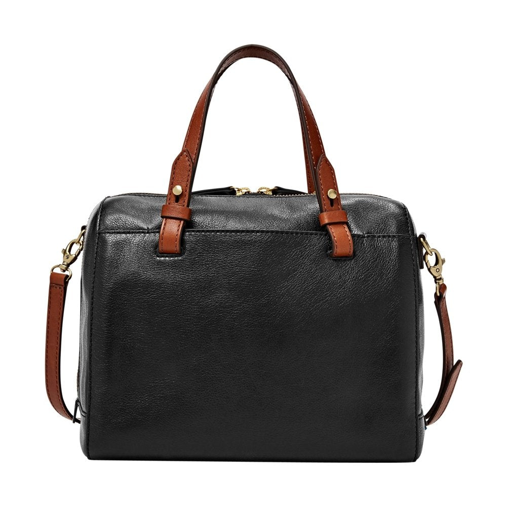 Fossil women's bag Rachel, eco leather/polyurethane trim satchel in black. 10 inches L x 5.75 inches W x 8 inches H. Style number ZB7256001.