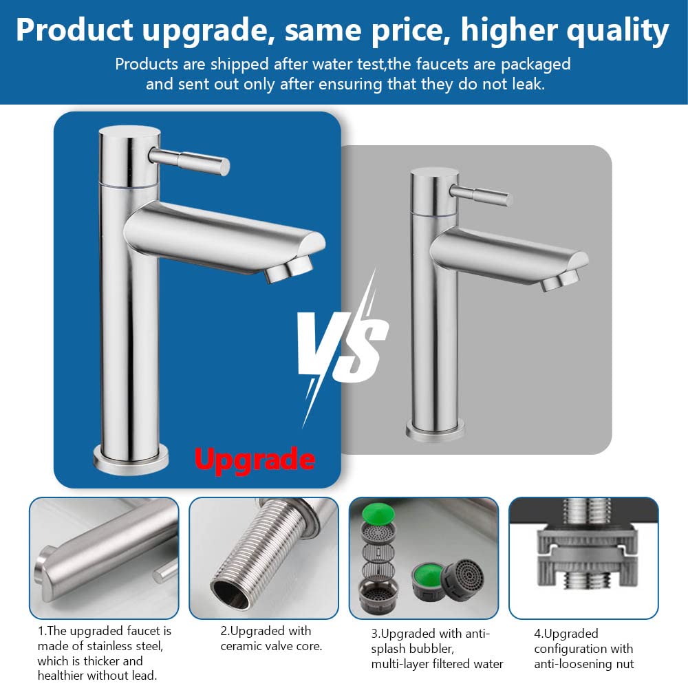 REFORUNG stainless steel cold water faucet for wash basin with single lever handle and 60cm connection hose for guest bathroom. 175mm faucet height.
