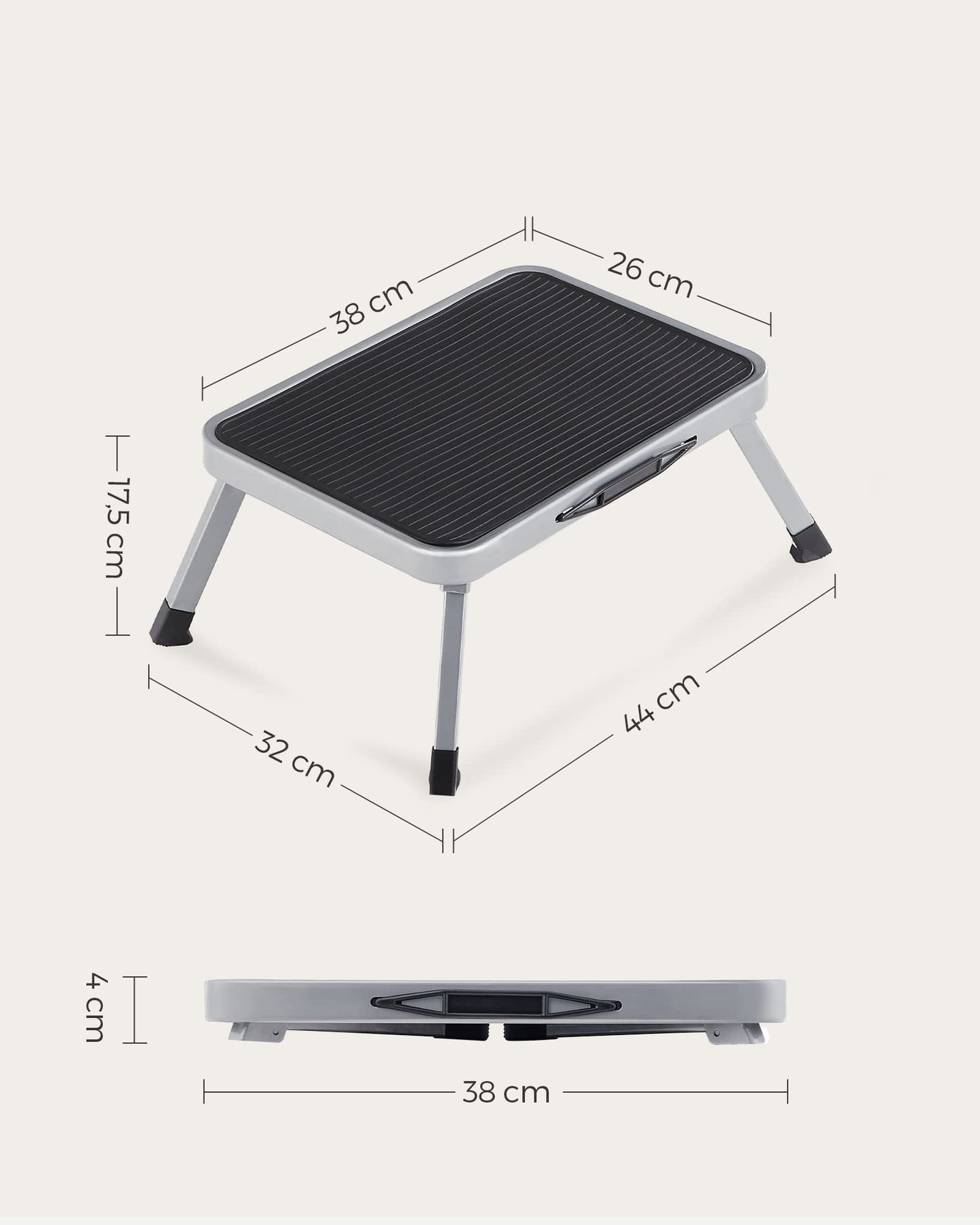 SONGMICS Step Stool, Folding Step Ladder, One-Step Steel Ladder, Non-Slip Step Surface, Holds up to 150 kg, Size unfolded 32 x 44 x 17.5 cm, gray GSL001G01