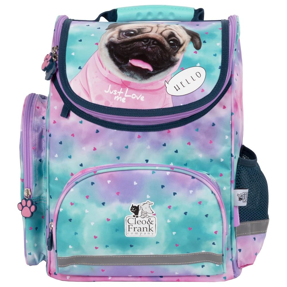 Familando girls school bag set Sweet Puppy Love 8 pcs. with pencil case, lunch box, bottle, and rain cover cute dog puppies turquoise pink