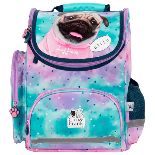 Familando girls school bag set Sweet Puppy Love 8 pcs. with pencil case, lunch box, bottle, and rain cover cute dog puppies turquoise pink