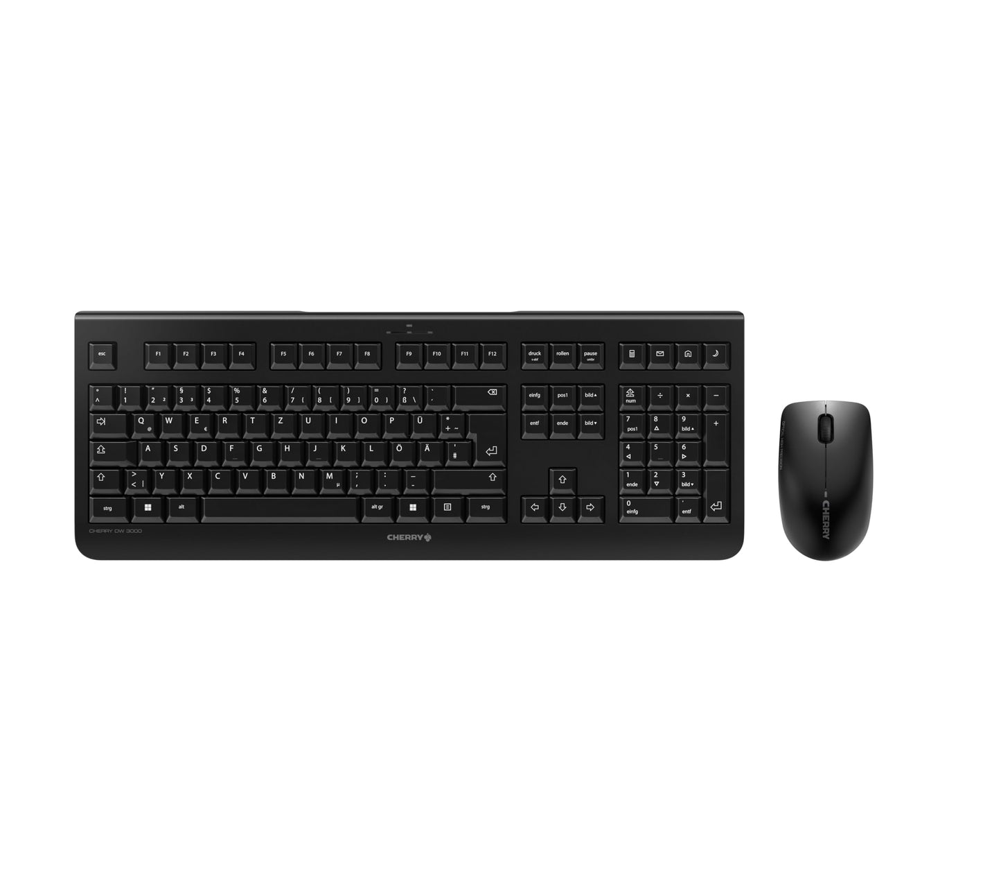 CHERRY DW 3000, Wireless keyboard and mouse set, German layout (QWERTZ), 2.4 GHz radio frequency, Slim design, Quiet keys, Symmetrical mouse, Black