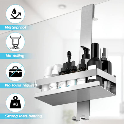 NEOVSUNY Hanging Shower Caddy, No Drilling Shower Shelf, Hanging Shower Basket Stainless Steel SUS304 for Frameless Glass Door, Bathroom Organizer Shampoo Holder for Shower, with 2 Movable Hooks, Silver
