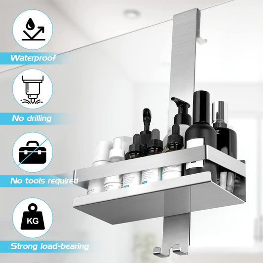 NEOVSUNY Hanging Shower Caddy, No Drilling Shower Shelf, Hanging Shower Basket Stainless Steel SUS304 for Frameless Glass Door, Bathroom Organizer Shampoo Holder for Shower, with 2 Movable Hooks, Silver