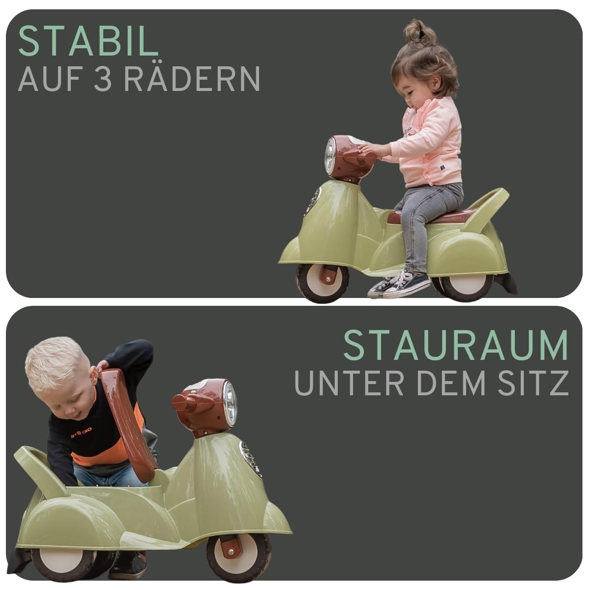 Bandits & Angels Riding Car Scooter Retro from 1 year for boys and girls Green - green scooter with horn - for indoor and outdoor use - with storage space.