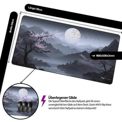 Nyfter - Premium Sakura V3 Gaming Mousepad XXL, 900x500mm, wave-free with extra stitched edges.