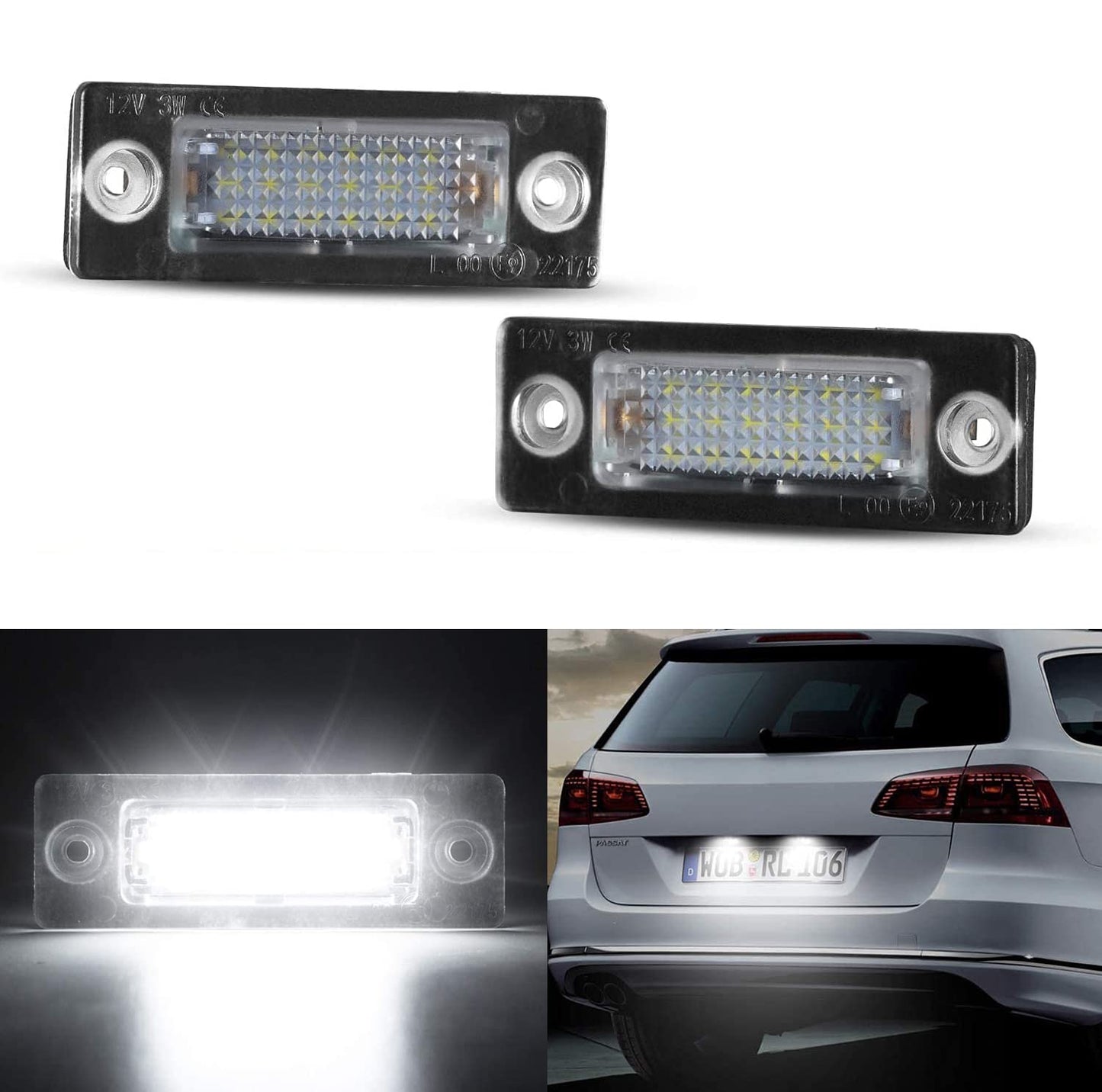 LED license plate lamp for VW Caddy 2K Golf Plus 5M1 Jetta 1K2 Passat Sedan 3bg Passat Variant 3C B6 T5 7H 7J Touran 1T1 1T2 1T3, CANBus license plate lighting, 2 pieces.