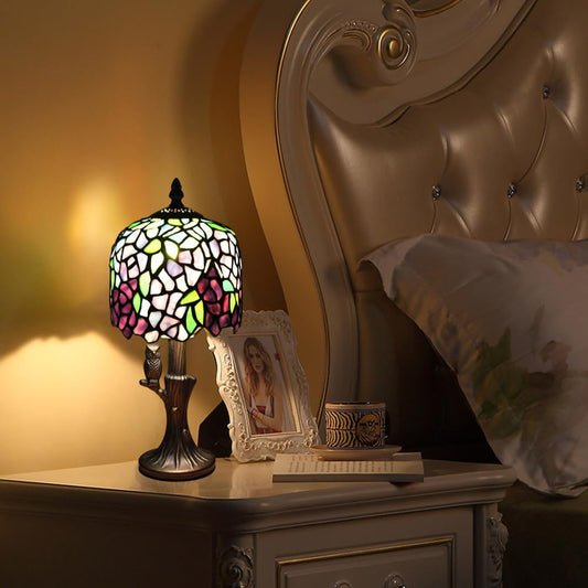 Kinbolas Tiffany Style Small Table Lamp, Vintage Lamp with Stained Glass Lampshades Wisteria and Owl Base, Art Nouveau Art Deco Nightstand Lamp for Bedroom, Country House 20cm / 8 inch with E14 LED Bulb (I-2)