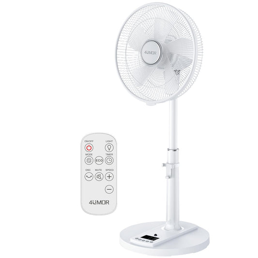 4UMOR Stand Fan quiet 24W 20dB DC Motor 9 Speeds 90° Oscillation adjustable Fan with remote control 9H Timer 41cm Diameter Fan quiet 80% Energy Saving