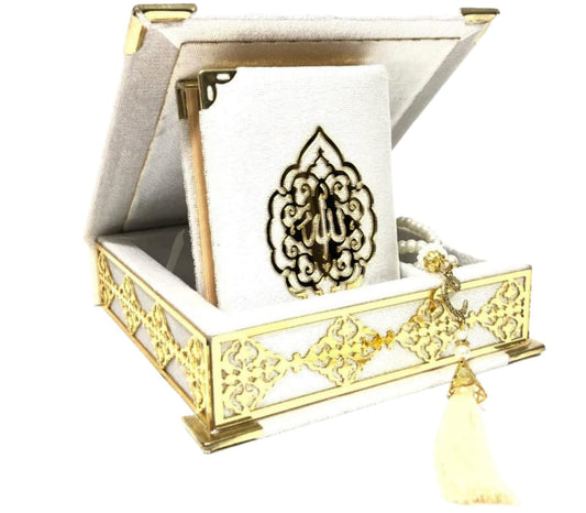 Prien Velvet Quran Islam Tasbeeh Set, Islamic Gifts for Eid Ramadan, Elegant Portable Box, Muslim Home Decor with Women, Qur'an, Muslim Prayer Beads for Mosque, Praying, Umrah (Ecru)