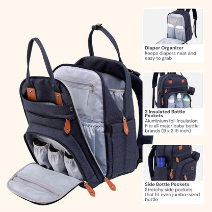 BabbleRoo Diaper Bag Backpack - Large Capacity, 17 Pockets, Water-Resistant - with Changing Pad, Removable Pacifier Holder, Stroller Straps - Travel Backpack for Mom & Dad