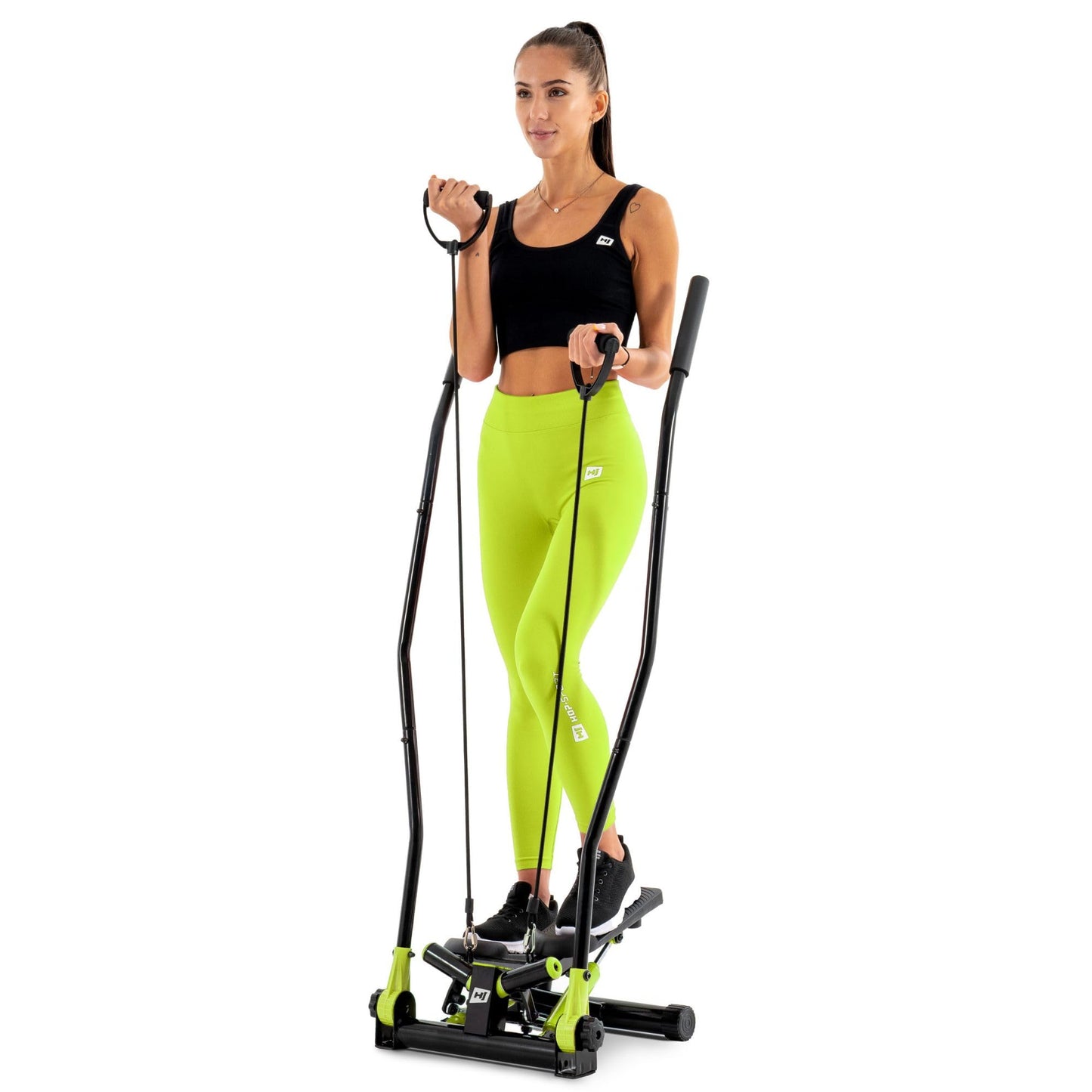 Hop-Sport Stepper Lime Green with handles - Nordic Walking and Swing Stepper for home, Adjustable stepping surfaces, Detachable expanders, Cardio fitness device for home.