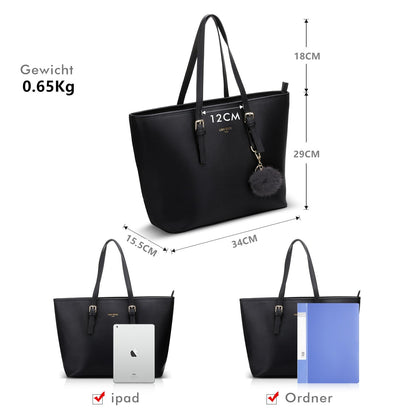 LI&HI Women's Handbag Elegant Shopper for School Black with Pom Pom 34 x 29 x 15.5 cm