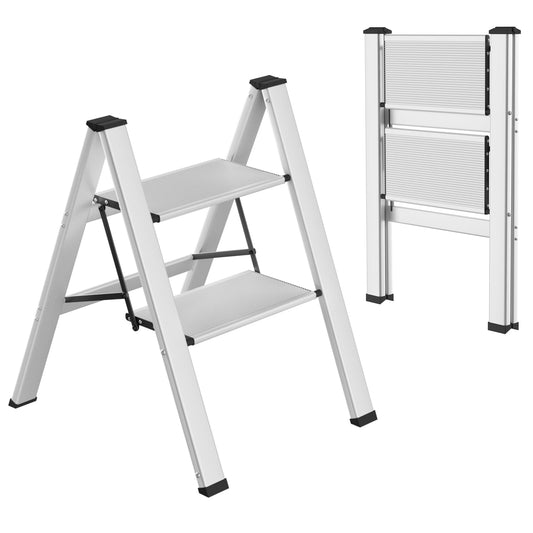 TLGREEN Aluminum Step Ladder 2-Step Folding Ladder Non-Slip Standing Ladder Household Multifunctional Step Stool Easy to Store up to 150kg Capacity for Kitchen Household Outdoor Office Silver