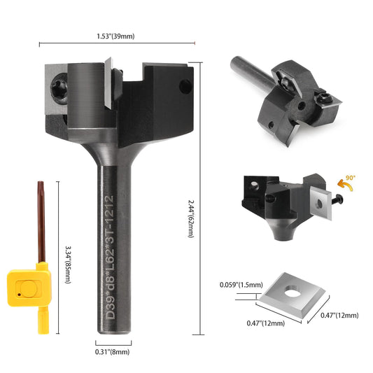 8mm shank 3 flute planing cutter with 10 interchangeable carbide inserts (12x12x1.5mm) for wood. Diameter 39mm, professional planing cutter for routers, cutters & CNC machines (D=39 S=8)