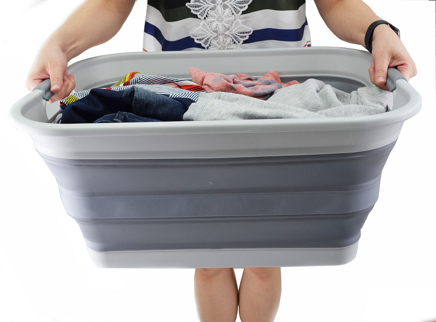 SAMMART 42L Collapsible Plastic Laundry Basket - foldable Pop-Up Storage Container/Organizer - portable Wash Bin - space-saving Laundry Hamper (Gray, 1)