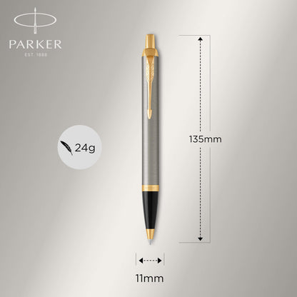 Parker IM Duo Gift Set with Ballpoint Pen & Rollerball | Brushed Metal with Gold Trim | Refills in black | Gift Box
