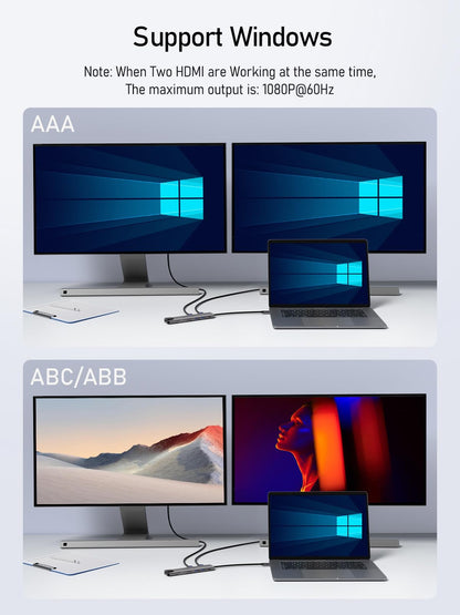 Aluminum Docking Station USB C Hub 2 HDMI, Gigabit Ethernet, 4 USB A, USB C 3.0, PD100W, SD TF, 1000Mbps RJ45 Lan Dock Usbc Adapter MacBook Docking Station Laptop 2 Monitors for Lenovo HP Dell Surface