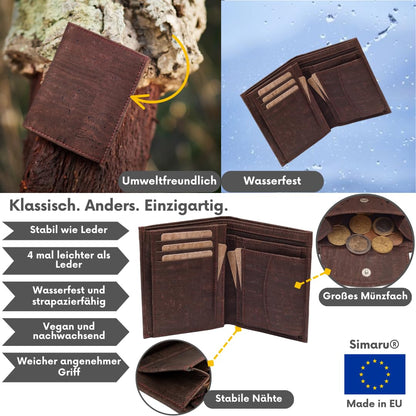 Simaru cork wallet with RFID protection, vegan purse for women & men, holds 10+ cards, bills & coins.