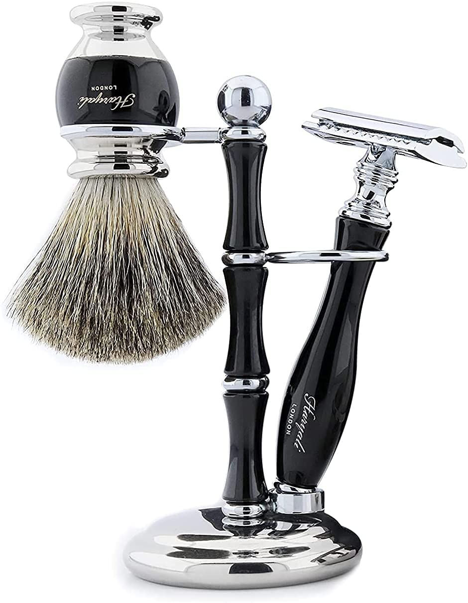 Haryali London Shaving Set - 5 piece shaving set - double edge safety razor - Super Badger shaving brush - shaving soap - shaving bowl - high quality black set - Razor set