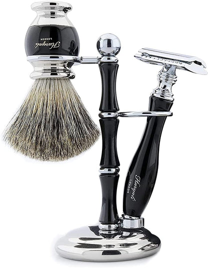Haryali London Shaving Set - 5 piece shaving set - double edge safety razor - Super Badger shaving brush - shaving soap - shaving bowl - high quality black set - Razor set