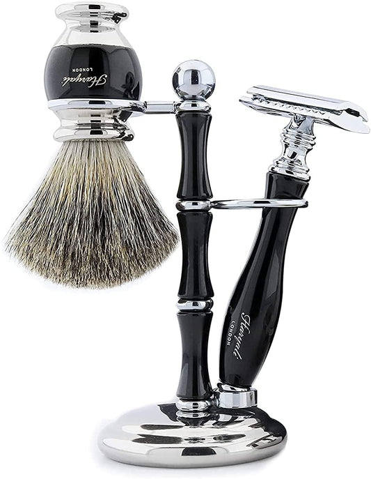 Haryali London Shaving Set - 5 piece shaving set - double edge safety razor - Super Badger shaving brush - shaving soap - shaving bowl - high quality black set - Razor set