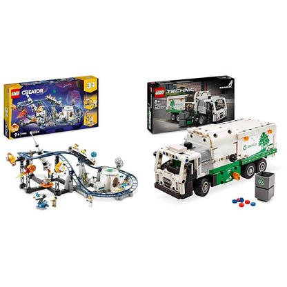 LEGO Creator 3-in-1 Space Roller Coaster, build a toy fairground with working cars & Technic Mack LR Electric Garbage Truck, a garbage truck model for recycling role play.