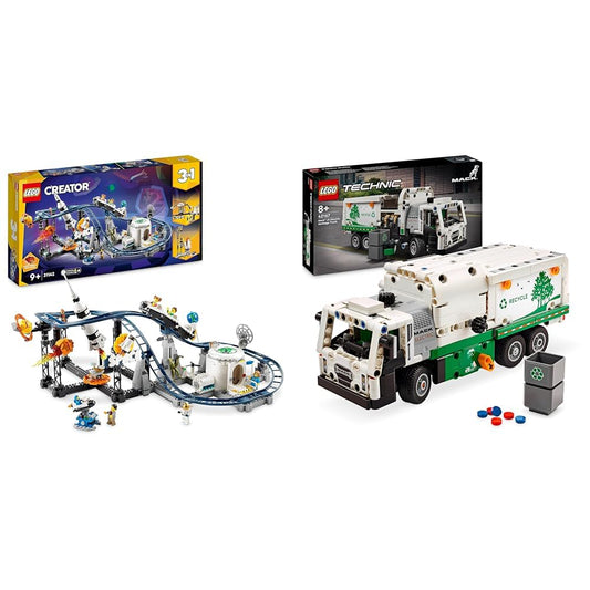 LEGO Creator 3-in-1 Space Roller Coaster, build a toy fairground with working cars & Technic Mack LR Electric Garbage Truck, a garbage truck model for recycling role play.