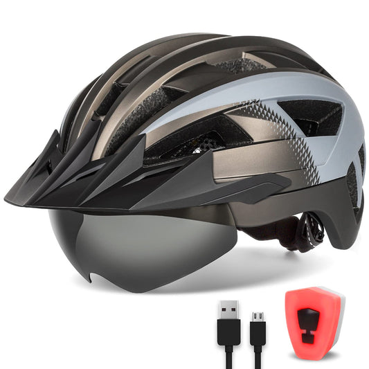 FUNWICT Bike Helmet with Visor for Men Women, Lightweight Bike Helmet with Magnetic Glasses and USB Charging LED Light, Stylish Mountain Bike Helmet Size M/L, White Black (XL: 59-63 cm, Titan Gray)