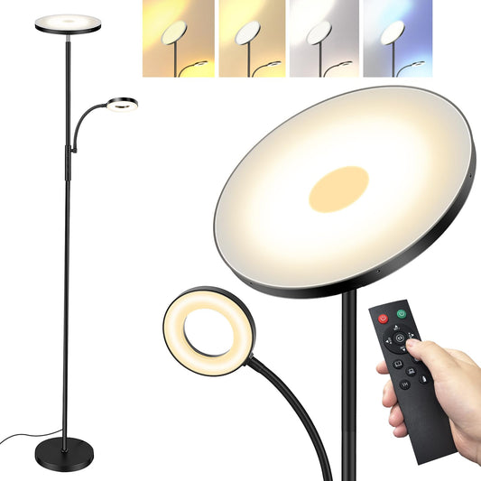 LED floor lamp for living room, dimmable, 42W 3600LM torchiere lamp with reading light, remote control & touch control, 1-minute installation, modern floor lamp for living room, office, dining room, bedroom (black)
