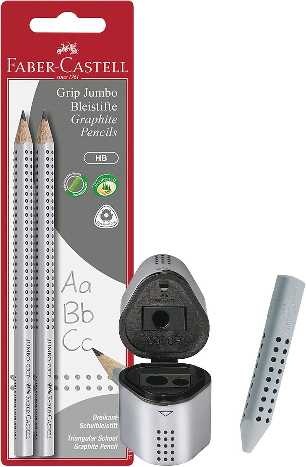 Faber-Castell 111992 - Pencil Jumbo Grip HB (2 pencils Jumbo + eraser + sharpener) (with sharpener + eraser, silver, 4 pencils)